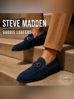 💙 STEVE MADDEN “Gaddis” Navy Blue Suede Leather, Slip On Brass Bit Loafers NWOB